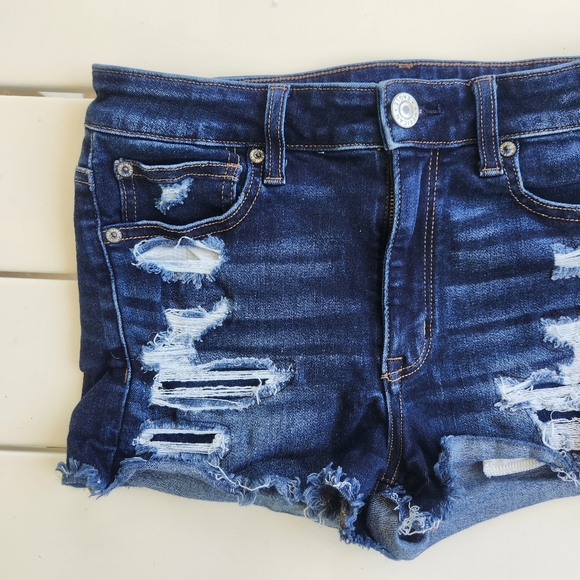 American Eagle Dark Wash Distressed Hi Rise Shortie 6 - Picture 2 of 9